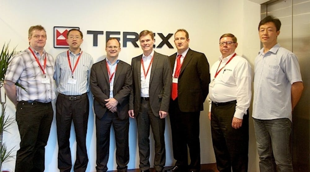 Members of Terex Cranes Asia team include, from left, Per Hamfeldt, Weiwen Zhang, Ken Lousberg, Frank Schroeder, Bradley Abrahams, Larry Rode and Steven Jia.