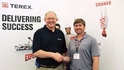 From left Jim Strobush regional sales manager for Terex Cranes shakes on the deal with Jeremy Landry project manager for Deep South Crane amp Rigging From left Jim Strobush regional sales manager for Terex Cranes shakes on the deal with Jeremy Landry project manager for Deep South Crane amp Rigging