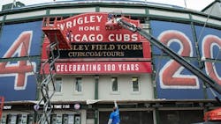 Although the hapless Chicago Cubs still wonrsquot win a World Series this year historic Wrigley Field has a freshly painted marquee with help from Skyjack lifts Although the hapless Chicago Cubs still wonrsquot win a World Series this year historic Wrigley Field has a freshly painted marquee with help from Skyjack lifts