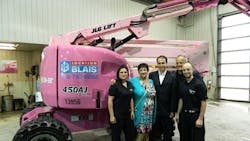 Staff from Location Blais and a pink JLG boomlift raise awareness about breast cancer in rural northern Quebec From left Christina Bolduc Denise Racette breast cancer patient and mother of Serge Blais Serge Blais Jr Marc Blais president and general manager and Olivier Gauthier development officer with the Canadian Cancer Societyrsquos Quebec division Staff from Location Blais and a pink JLG boomlift raise awareness about breast cancer in rural northern Quebec From left Christina Bolduc Denise Racette breast cancer patient and mother of Serge Blais Serge Blais Jr Marc Blais president and general manager and Olivier Gauthier development officer with the Canadian Cancer Societyrsquos Quebec division