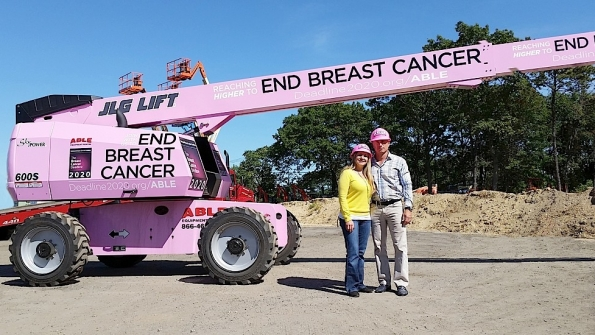 Able Equipment Rental coowners Eliza and Steven Laganas are working with NBCC to spread awareness about breast cancer with a 60foot JLG boomlift