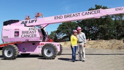 Able Equipment Rental co-owners Eliza and Steven Laganas are working with NBCC to spread awareness about breast cancer with a 60-foot JLG boomlift.