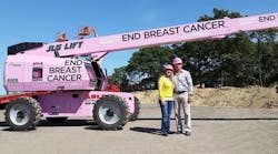 Able Equipment Rental co-owners Eliza and Steven Laganas are working with NBCC to spread awareness about breast cancer with a 60-foot JLG boomlift.