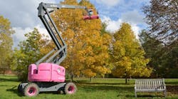 A 63-foot boomlift, painted pink in honor of Breast Cancer Month, is loaned to The University of Guelph to access hard-to-reach seeds, enabling The Arboretum to help save endangered trees such as the cucumber tree.