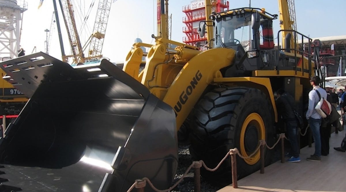 LiuGong displays its largest wheel loader, the CLG8128Hc, at the recent Bauma China tradeshow in Shanghai.
