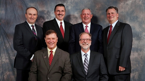 From left seated AG chairman James Walker of CNH Industrial and treasurer Goumlran Lindgren of Volvo Construction Equipment Standing from left vice chair Leif Magnusson of CLAAS of America secretary Dennis Slater of AEM chairman John Patterson of JCB and CE chairman Michael Haberman of Gradall Industries