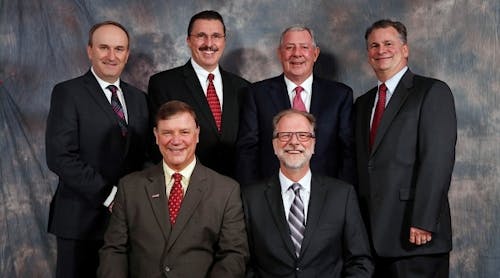 From left, seated: AG chairman James Walker of CNH Industrial, and treasurer G&ouml;ran Lindgren of Volvo Construction Equipment. Standing, from left, vice chair, Leif Magnusson of CLAAS of America; secretary Dennis Slater of AEM; chairman John Patterson of JCB; and CE chairman Michael Haberman of Gradall Industries.