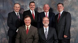 From left, seated: AG chairman James Walker of CNH Industrial, and treasurer G&ouml;ran Lindgren of Volvo Construction Equipment. Standing, from left, vice chair, Leif Magnusson of CLAAS of America; secretary Dennis Slater of AEM; chairman John Patterson of JCB; and CE chairman Michael Haberman of Gradall Industries.