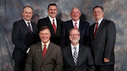 From left seated AG chairman James Walker of CNH Industrial and treasurer Goumlran Lindgren of Volvo Construction Equipment Standing from left vice chair Leif Magnusson of CLAAS of America secretary Dennis Slater of AEM chairman John Patterson of JCB and CE chairman Michael Haberman of Gradall Industries From left seated AG chairman James Walker of CNH Industrial and treasurer Goumlran Lindgren of Volvo Construction Equipment Standing from left vice chair Leif Magnusson of CLAAS of America secretary Dennis Slater of AEM chairman John Patterson of JCB and CE chairman Michael Haberman of Gradall Industries
