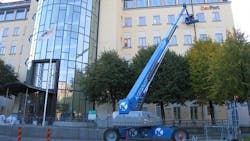 Geniersquos 180foot boomlift is used to clean windows in Citadellen Sweden Geniersquos 180foot boomlift is used to clean windows in Citadellen Sweden
