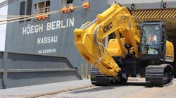 A Kobelco excavator rolls off a ship. The company will begin manufacturing crawler excavators in the United States early next year.