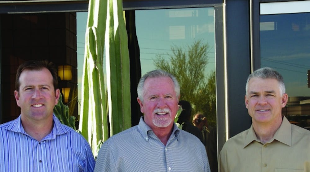 Chris Watts, left, with Mike Watts and Benno Jurgemeyer at Sunstate&apos;s Phoenix headquarters. Chris Watts takes over as president and CEO as Jurgemeyer retires.