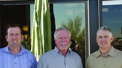 Chris Watts, left, with Mike Watts and Benno Jurgemeyer at Sunstate&apos;s Phoenix headquarters. Chris Watts takes over as president and CEO as Jurgemeyer retires.