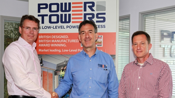 From left Karel Huijser JLG vice president and general managerEMEA Brian King managing director of Power Towers and Mark Richardson director of product development Power Towers shake hands on the deal in Power Towersrsquo Leicester UK office