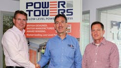 From left: Karel Huijser, JLG vice president and general manager-EMEA; Brian King, managing director of Power Towers; and Mark Richardson, director of product development, Power Towers, shake hands on the deal in Power Towers&rsquo; Leicester, U.K., office.