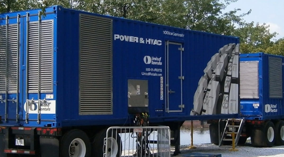 A United Rentals generator on a jobsite. The company&apos;s strong performance has inspired a strong rally in investor support.