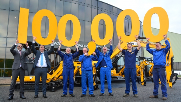 JCB staff celebrates the milestone From left compact products managing director Buda Atwal compact products general manger Ian Gillott assembly technician Paul Mellor paint sprayer Dave Thacker maintenance fitter Mark Bentley fitter Gary Ratcliffe and welder Melvin Sims