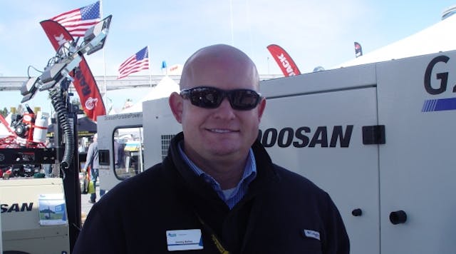 Jeremy Bailey, air products manager - Americas, Doosan Portable Power, shows the company&rsquo;s generators at World of Concrete last week.