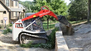 The Takeuchi TL8 compact track loader features a radial lift loader design and provides traction forces of more than 9,100 pounds.