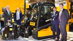 From left John Dolphin of Gunn JCB Alex Gadd Hewden Kumar Bhamidipati Hewden and Dan Thompstone of JCB with a 205TEcoLift compact track loader From left John Dolphin of Gunn JCB Alex Gadd Hewden Kumar Bhamidipati Hewden and Dan Thompstone of JCB with a 205TEcoLift compact track loader