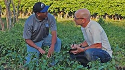 Brad Allen, right, with agronomist Ernesto Martinez, at a model farm in Ometepe, Nicaragua.