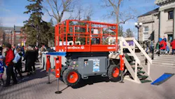 Skyjack39s SJ6832 RT rough terrain scissorlift preparing to be used as a camera platform at Special Olympics Ontario39s Polar Plunge Skyjack39s SJ6832 RT rough terrain scissorlift preparing to be used as a camera platform at Special Olympics Ontario39s Polar Plunge
