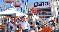Arjan Roelse, from Omega, Snorkel&apos;s Dutch distributor, left, with Makkina founder and owner Jos de Koster at Snorkel&apos;s Bauma stand.