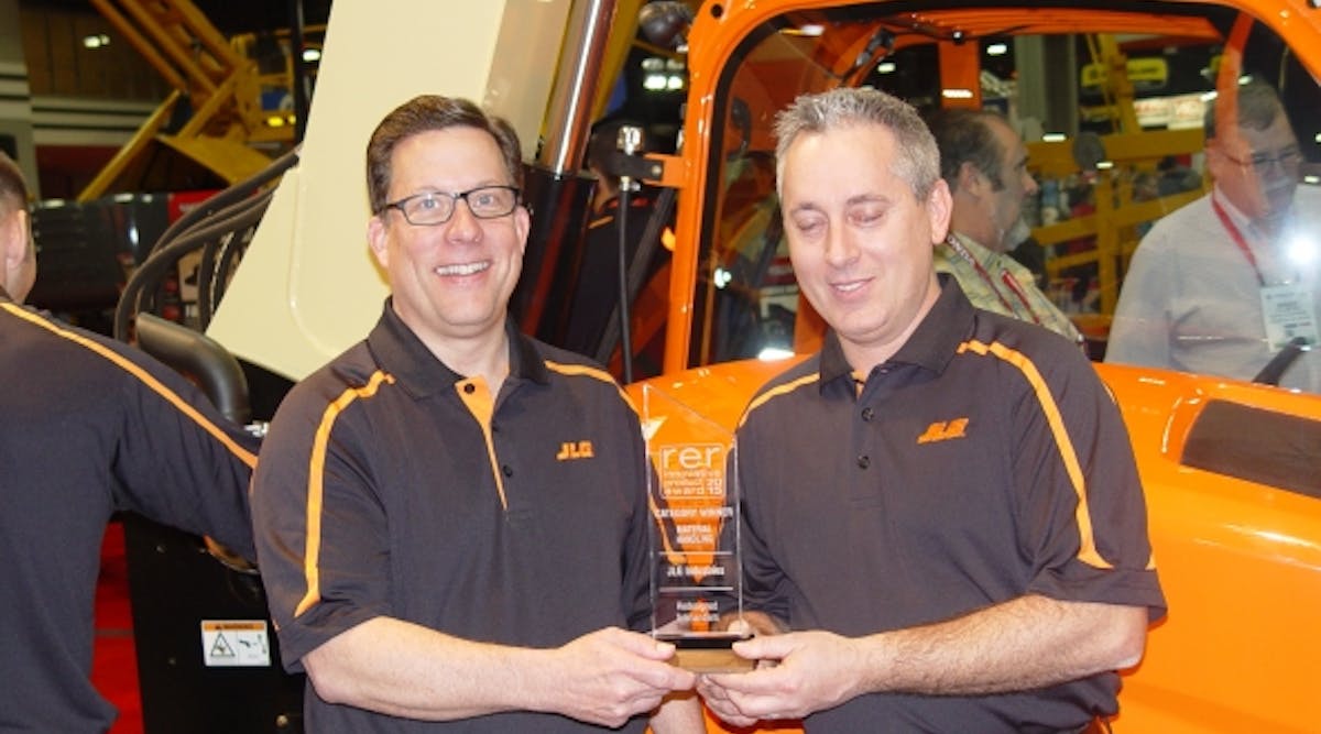 JLG&apos;s Alan Loux and John Boehme receive an trophy for RER&apos;s Innovative Product Award for the company&apos;s redesigned telehandlers at The Rental Show in Atlanta. Loux will speak about the future of the aerial market in Singapore.