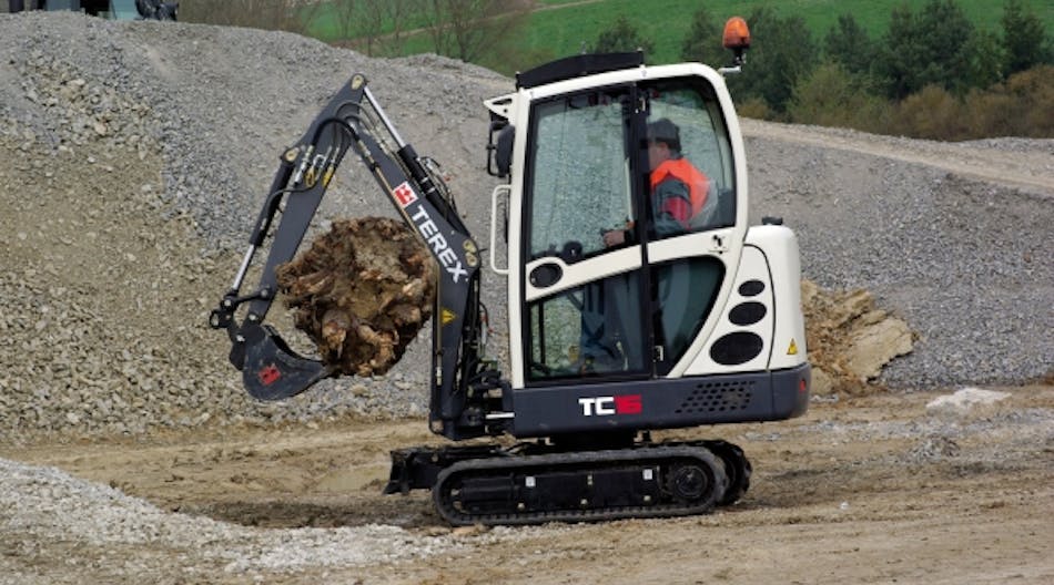 A Terex mini-excavator at work.