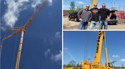 Pictures of Imperial&apos;s Liebherr cranes. In the upper right photo, from left: Larry Eckhart, vice president of Imperial Crane Services; Bruce Gay, crane operator, and Imperial Cranes president and CEO BJ Bohne.