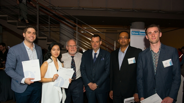 From left to right Elio Medulla student Humber College Michelle Tran student Humber College Glenn Moffatt professor of industrial design Humber College Malcolm Early vice president of marketing Skyjack Dennis Kappa professor of industrial design Humber College Curtis Rumble student Humber College