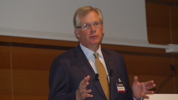 Oberhelman addresses the media about the importance of digital connectivity at the Bauma conference in Munich earlier this year