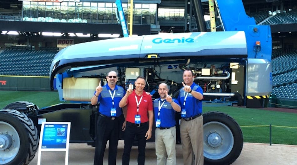 From left: Adrian Max, Genie regional vice president/sales manager-NE region; Harold Dub&eacute;, president of Acc&eacute;s Location; Stephane Riggie, Genie regional sales manager, and Tom Saxelby, Genie vice president of sales, at Safeco Field in Seattle where the SX-135XC is shown for the first time.