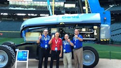 From left Adrian Max Genie regional vice presidentsales managerNE region Harold Dubeacute president of Acceacutes Location Stephane Riggie Genie regional sales manager and Tom Saxelby Genie vice president of sales at Safeco Field in Seattle where the SX135XC is shown for the first time From left Adrian Max Genie regional vice presidentsales managerNE region Harold Dubeacute president of Acceacutes Location Stephane Riggie Genie regional sales manager and Tom Saxelby Genie vice president of sales at Safeco Field in Seattle where the SX135XC is shown for the first time