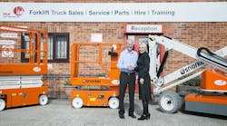 PLP Lift Truck chairman Paul Pleasants with Snorkel U.K.&apos;s Linda Betts.