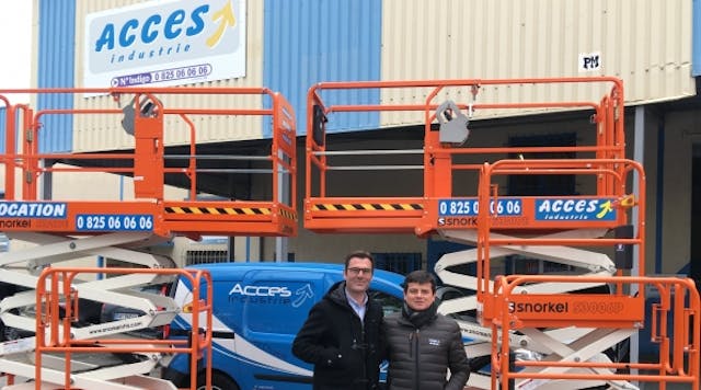 Acces Industrie sales director David Beltrame, and regional director Emmanuel Cleyet-Maret with new Snorkel machines at Acces Industrie&apos;s Lyon, France, branch.