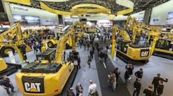 An overview of a portion of Caterpillar&apos;s massive indoor stand, which took up an entire building that was once an airplane hangar. Combined Caterpillar and Zeppelin Cat, its German dealership, took up more than 12,000 square meters at Bauma.