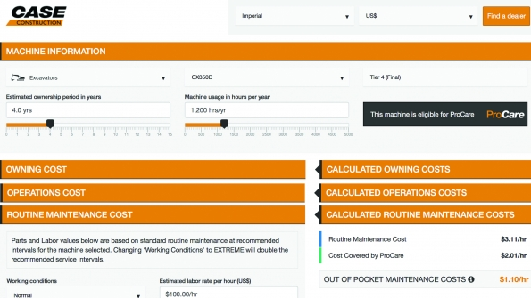 Partial view of the Case cost of ownership calculator