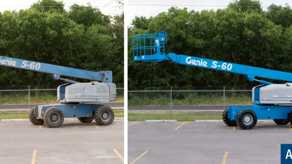 A Genie S0 boomlift before and after reconditioning at the Oklahoma City facility
