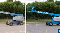 A Genie S-^0 boomlift before and after reconditioning at the Oklahoma City facility.