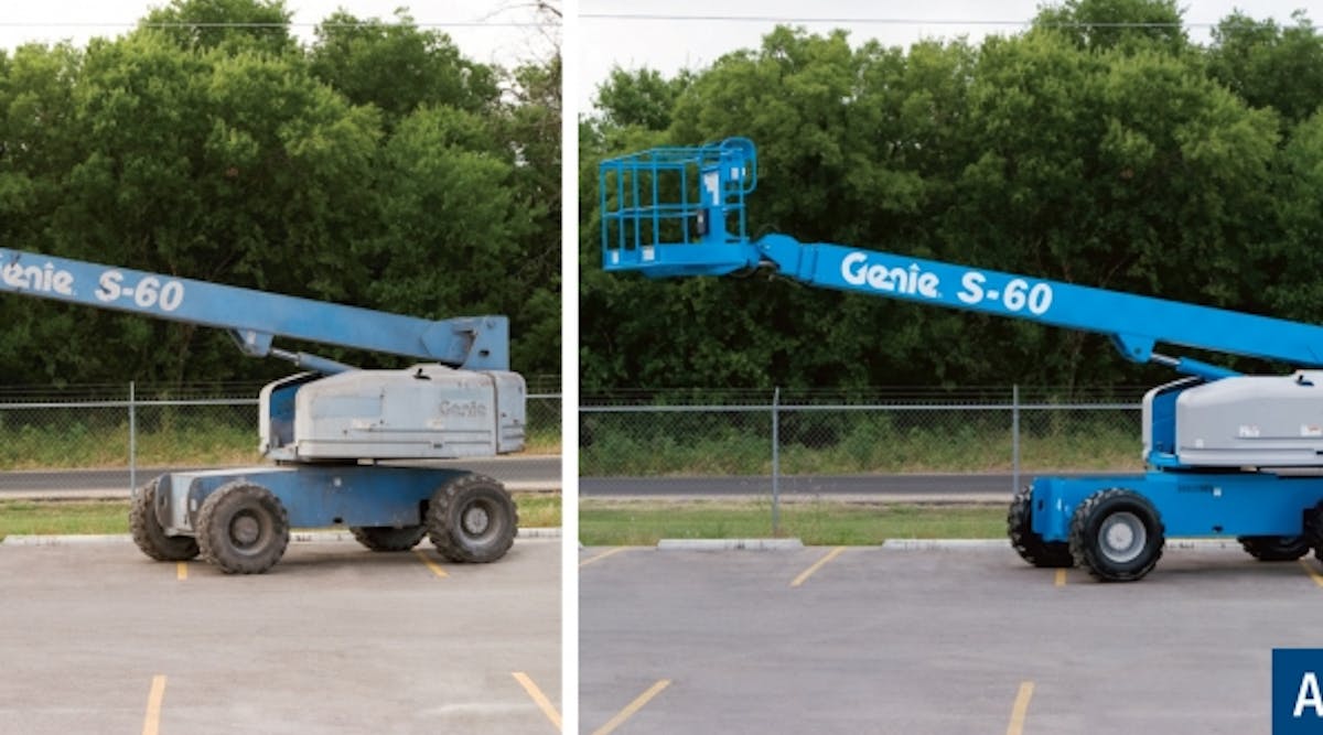 A Genie S-^0 boomlift before and after reconditioning at the Oklahoma City facility.