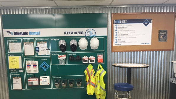 Each BlueLine Rental branch has a safety board with essentials needed for the safety of branch personnel creating a quotsafety firstquot culture