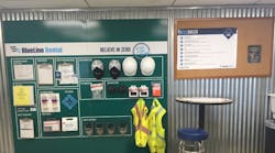 Each BlueLine Rental branch has a safety board with essentials needed for the safety of branch personnel, creating a &apos;safety first&apos; culture.