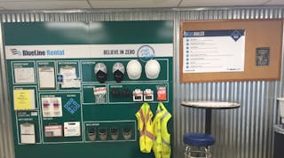 Each BlueLine Rental branch has a safety board with essentials needed for the safety of branch personnel, creating a &apos;safety first&apos; culture.