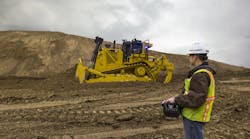 The new Cat Command remote control system for the D8T offers a choice of two operator interfaces--- a portable operator console designed for line-of-sight use and an ergonomically designed operator station that can be located remotely when the dozer is equipped with the Command Vision system.