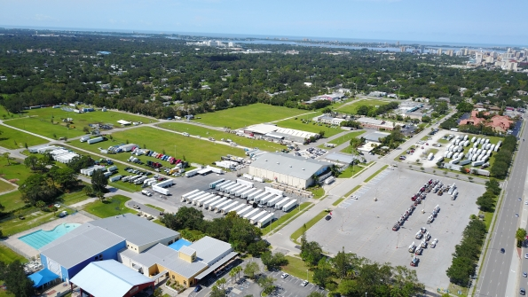 Aerial view of Saratoga Fairgrounds where Sims cranes are set to deploy for use in recovery and power restoration work