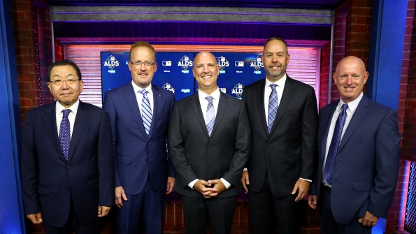 Play Ball From left Kiryong Ha president Doosan Heavy Industries America Holdings Rich Goldsbury president Doosan Bobcat North America and Oceania Noah Garden MLB executive vice president business Glenn D Turner vice president engineering Doosan Turbomachinery Services and Tony Jones vice presidentCEO Doosan Industrial Vehicle America