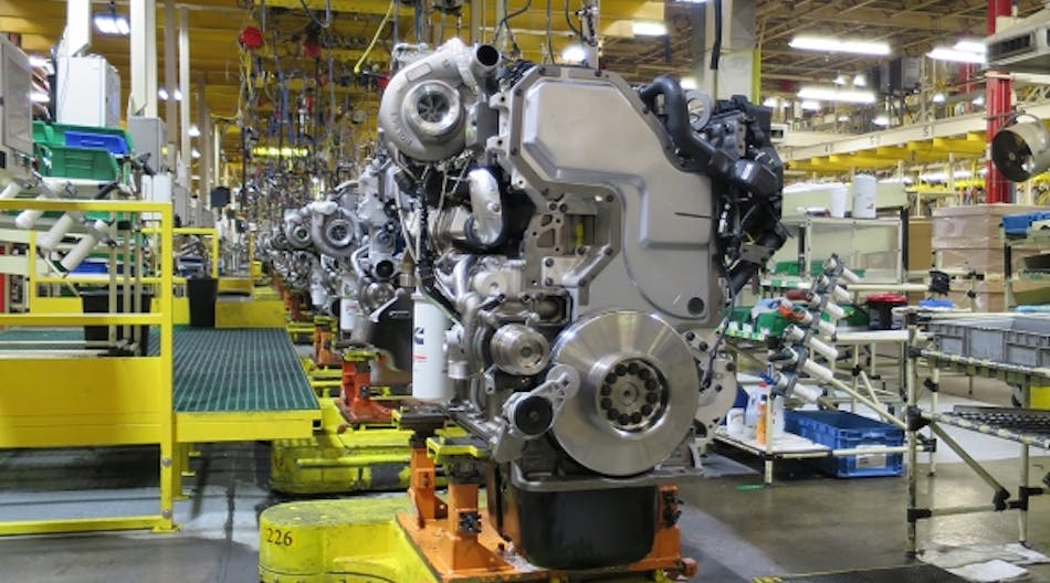 A Cummins engine in the factory.