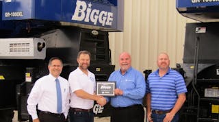 From left: Ingo Schiller, president and COO, Tadano America; Weston Settlemier, president and CEO of Bigge; Ron Dogotch, senior vice president Tadano America; and Brian Noga, vice president Gulf Region, Bigge, celebrate the agreement.