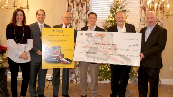 Wacker Neuson presents Fisher House Wisconsin a veterans39 charity with a donation of more than 111000 on behalf of its dealer AGF Machinery in Dothan Ala From left to right Jennifer Kiefer Fisher House manager Dr Dan Zomcheck VA Medical Center director Curtiss Peck Fisher House Executive Director Andres Roberts Fisher House president Johannes Schulze Vohren Wacker Neuson regional president and Jason Oglesby Wacker Neuson director of technical services and aftermarket